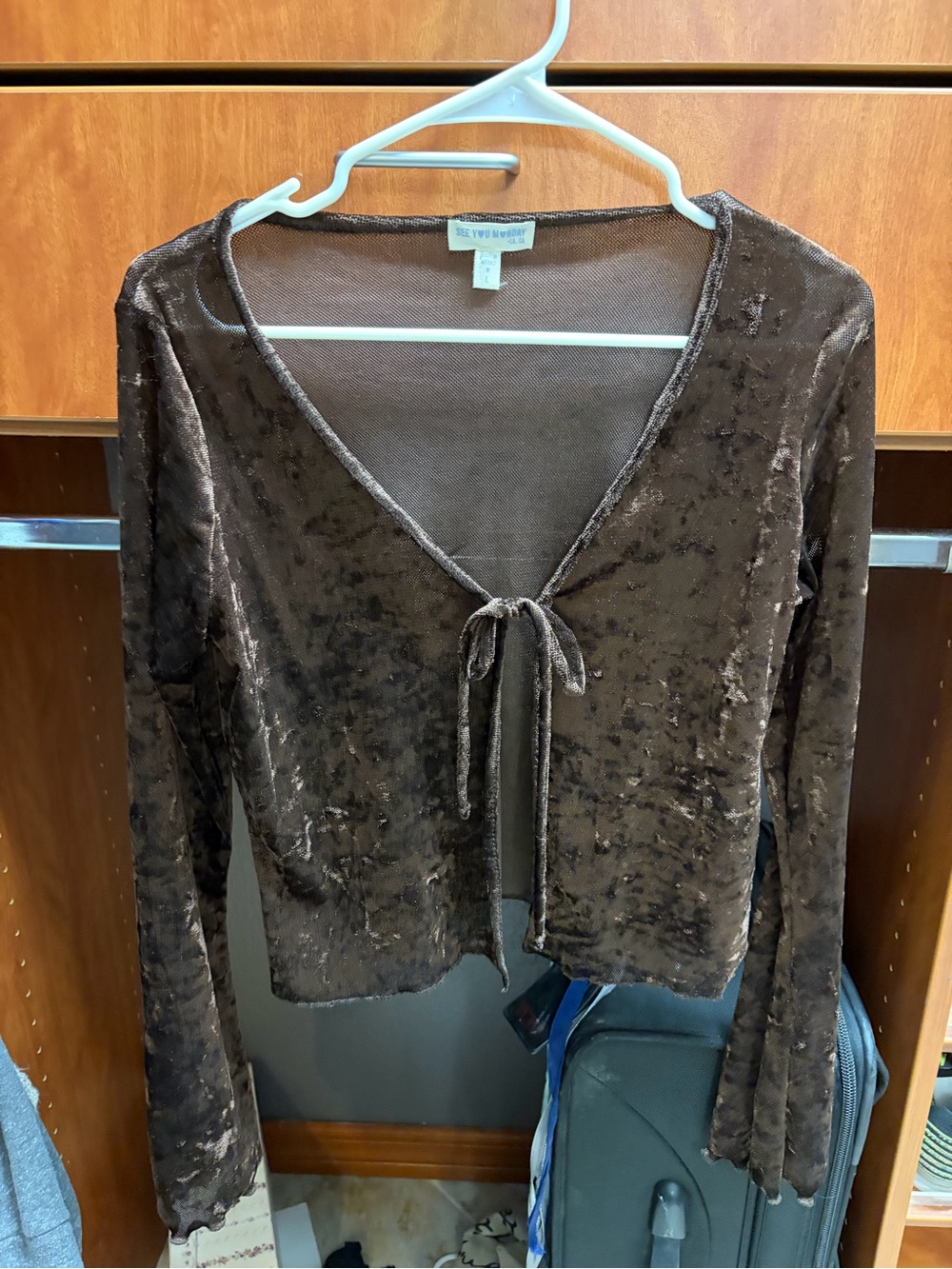 See You Monday Crushed Velvet Tie-Front Crop Top - Brown